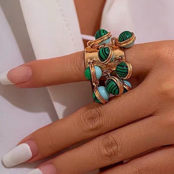 Gold and Green Charm Statement Ring - Picture 2 of 5